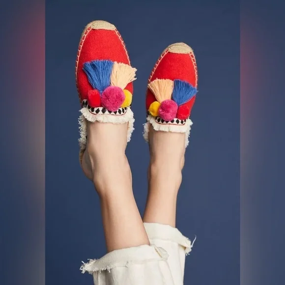 Espadrille Slides Tassel Soludos Pom Red Yellow Blue Colorful Loud Size 8.5 - Picture 2 of 10